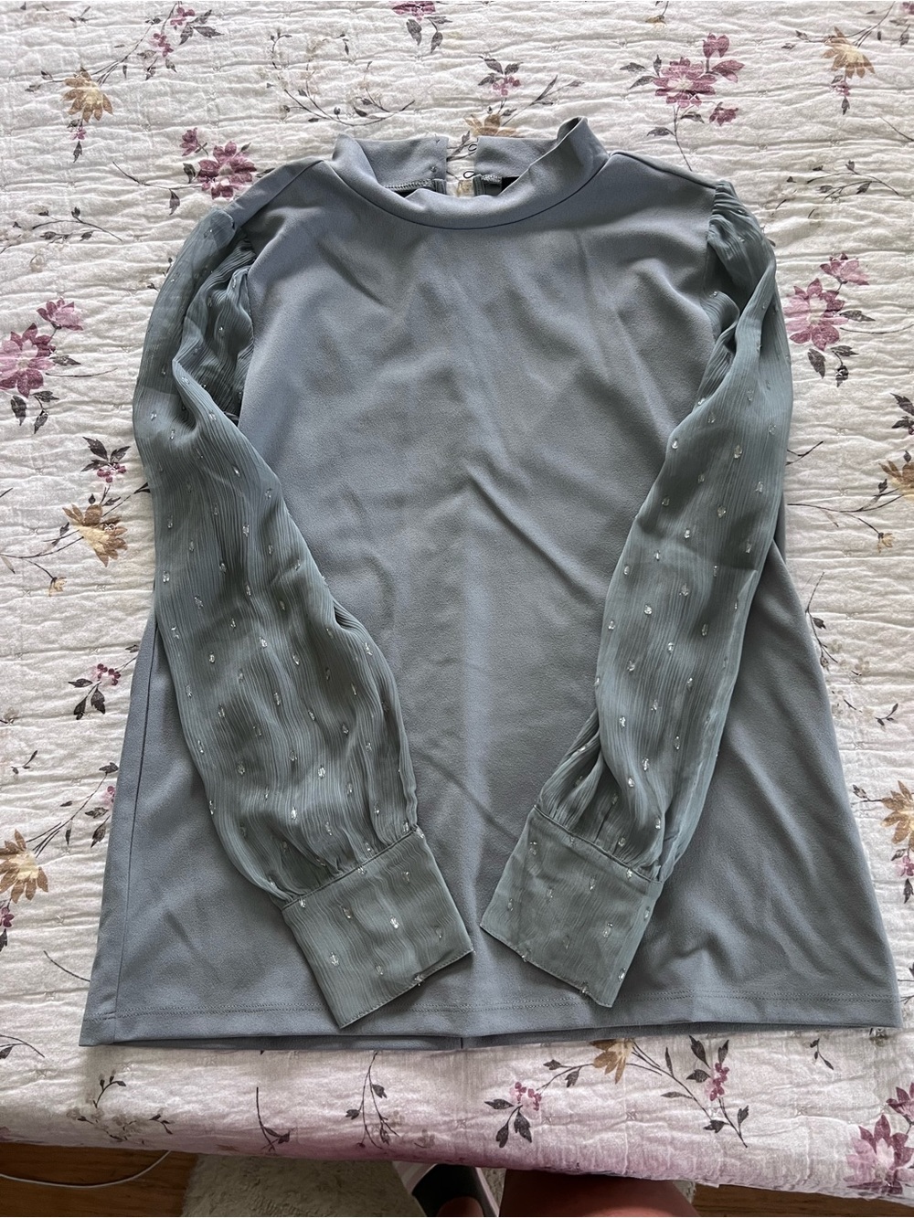 Ann Taylor Sage Green Long Sleeve Blouse with Sheer Dot Sleeves
